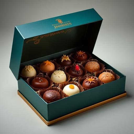 Offene Geschenkbox mit 12 handgemachten Pralinen in verschiedenen Geschmacksrichtungen