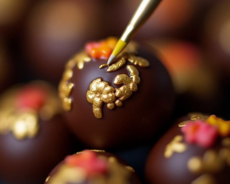 Feinmechanische Handarbeit, Pralinen werden mit einem dünnen Pinsel kunstvoll verziert